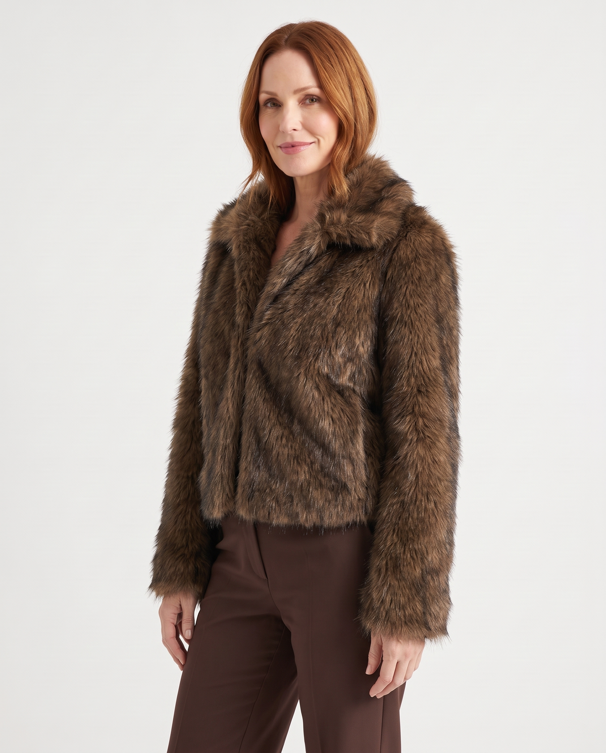 Holly Women's Cropped Plush Faux Fur Jacket in Bronze, three quarter view