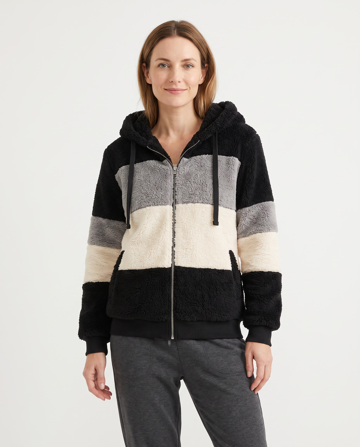Iona Women's Faux Fur Jacket in Black Stripes