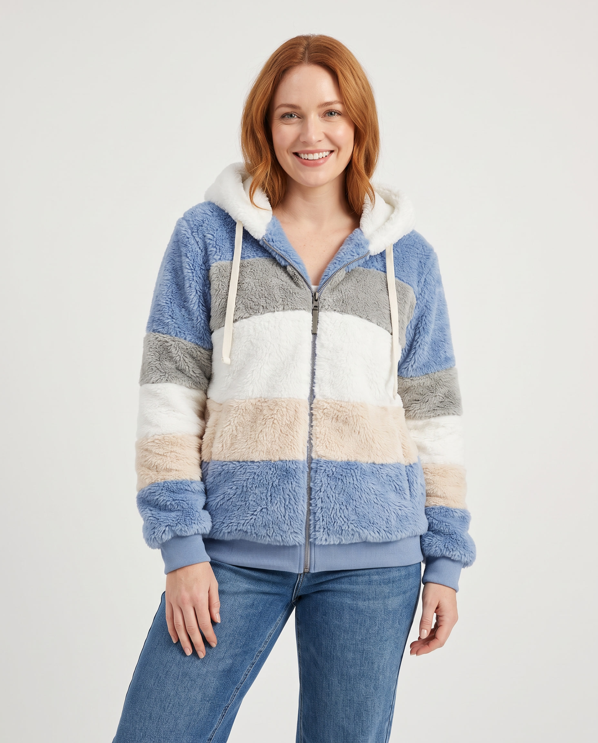 Iona Women's Faux Fur Jacket in Blue Stripes