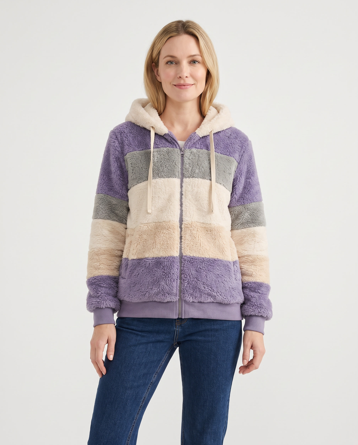 Iona Women's Faux Fur Jacket in Purple Stripes