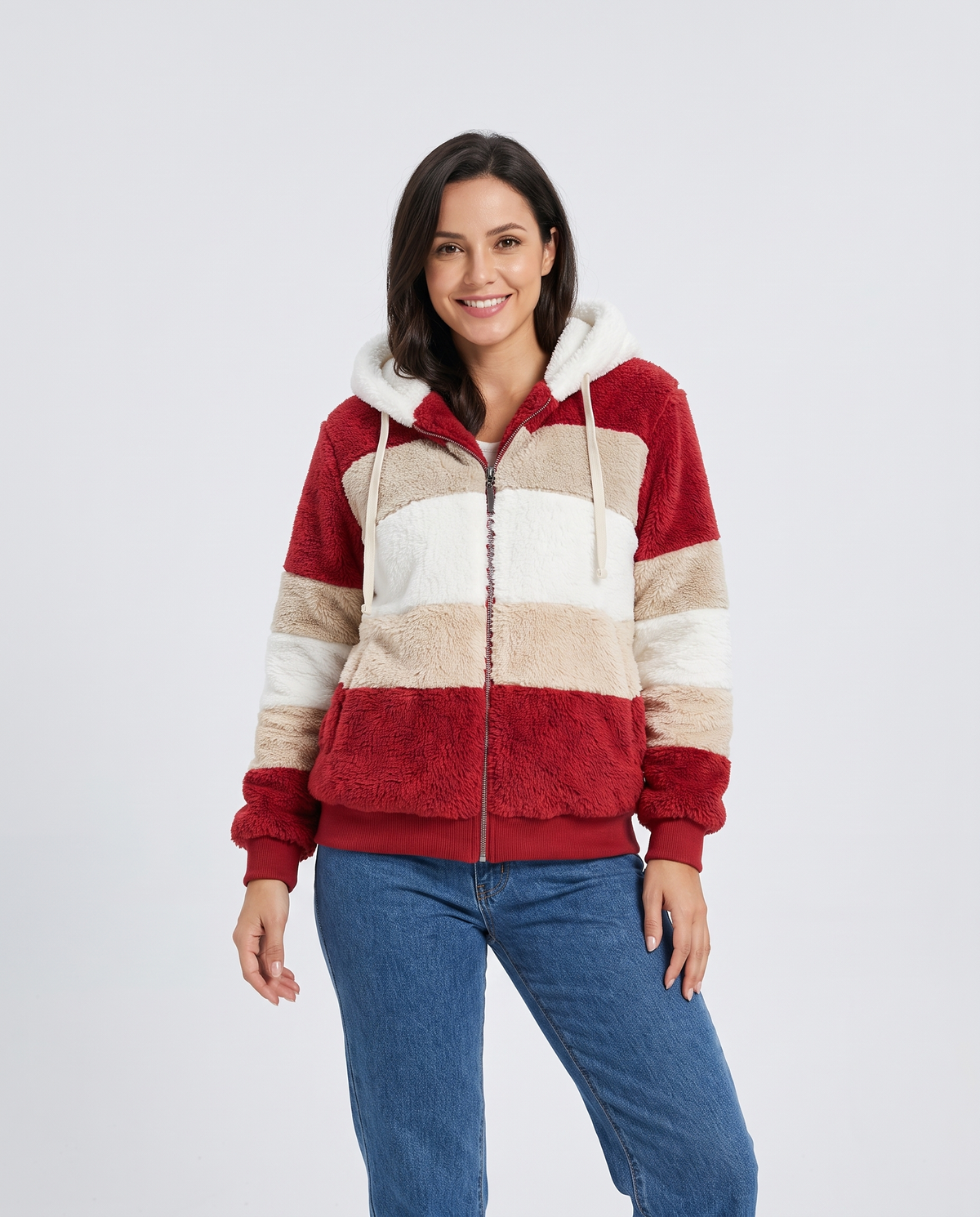Iona Women's Faux Fur Jacket in Red Stripes