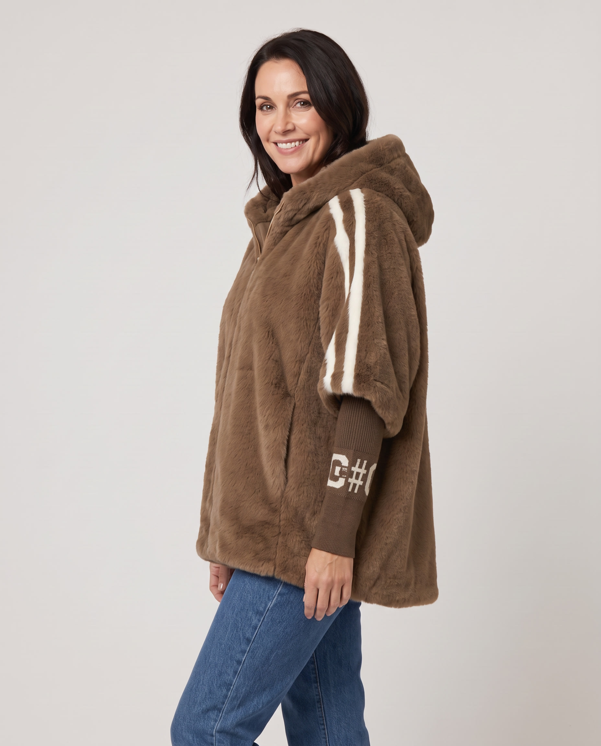 Jade Women's Hooded Faux Fur Jacket in Brown, three quarter view