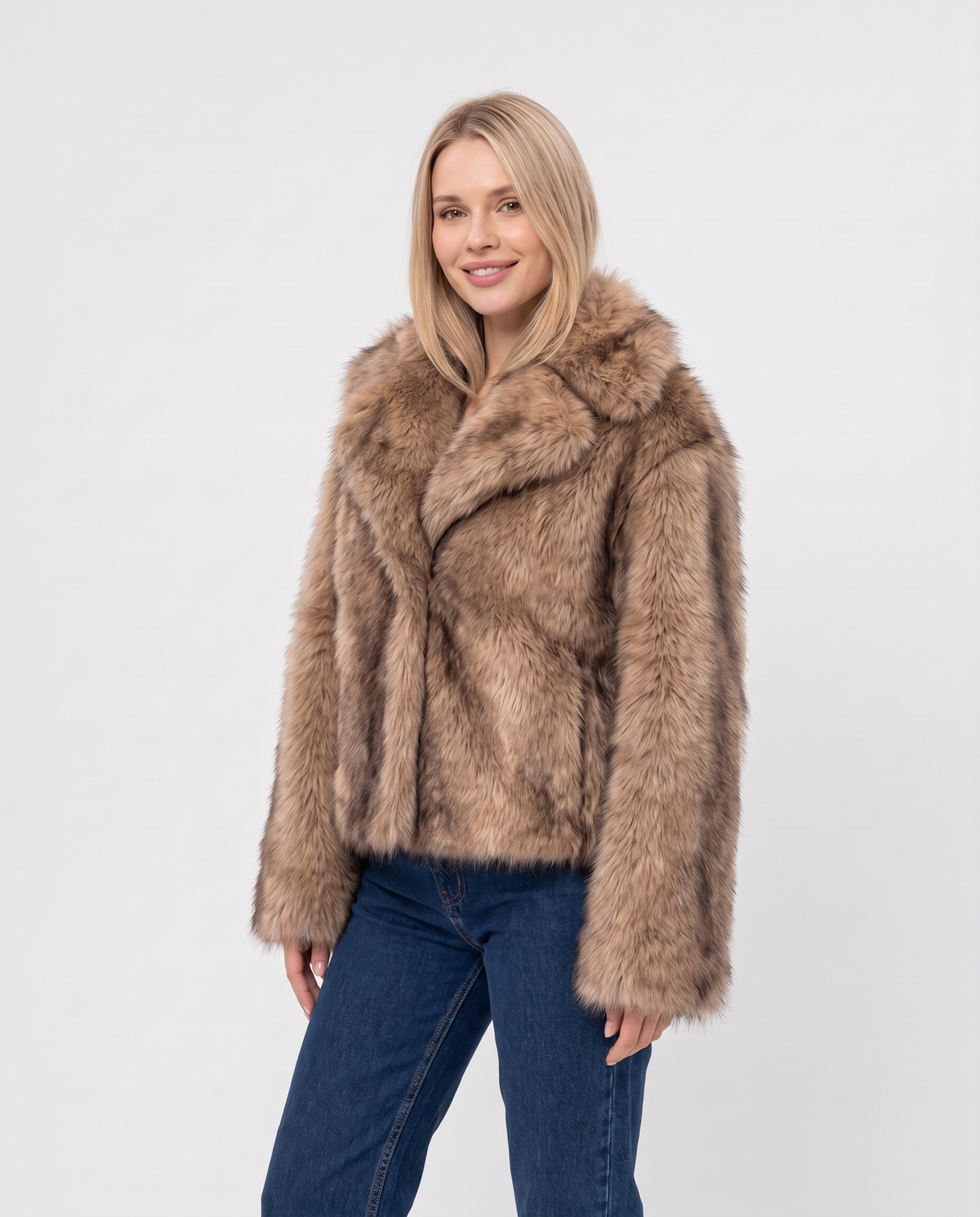 Jane Women's Cropped Faux Fur Jacket in Khaki, three quarter view