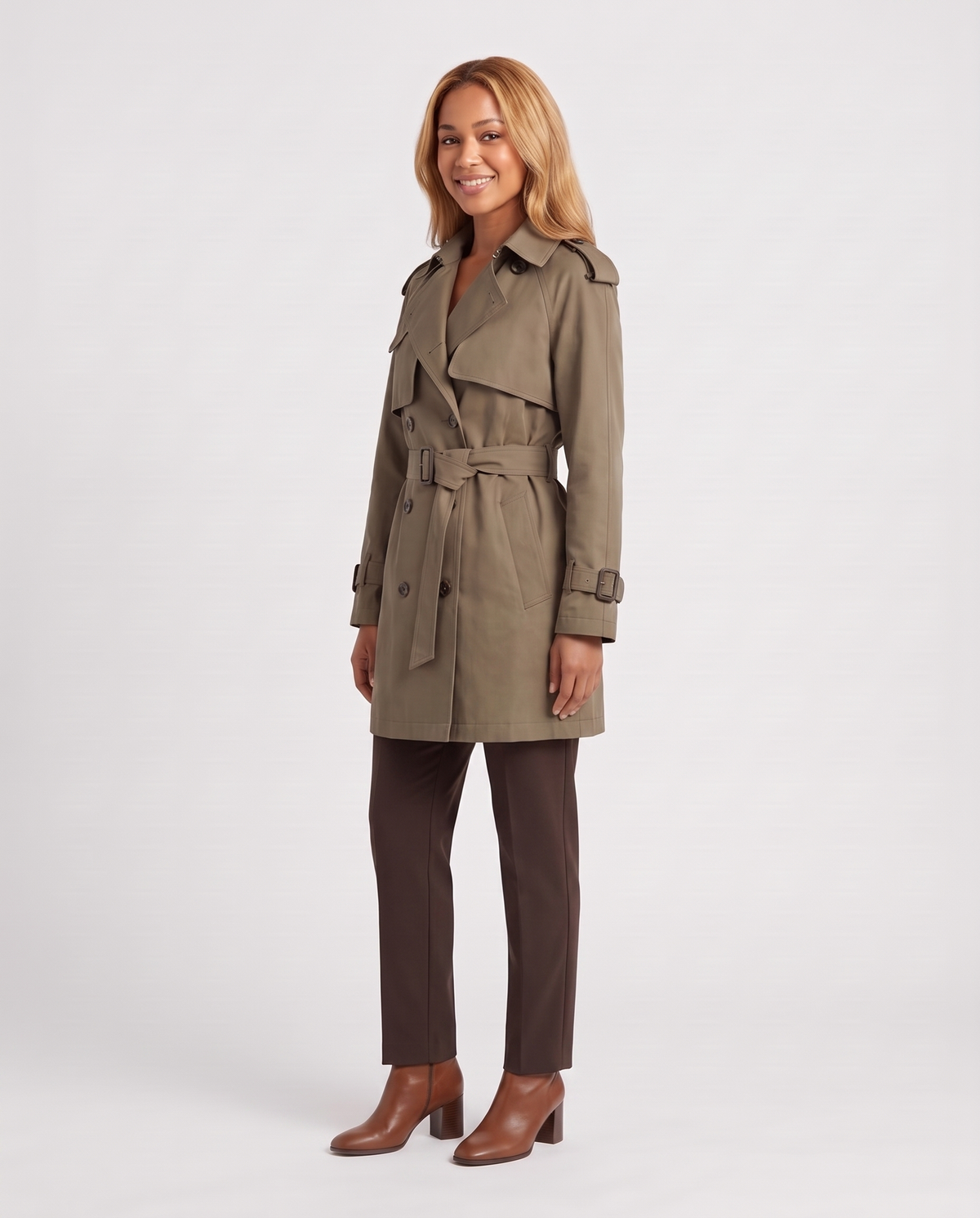 Jessica Women's Cotton Trench Coat - Khaki - three quarter view