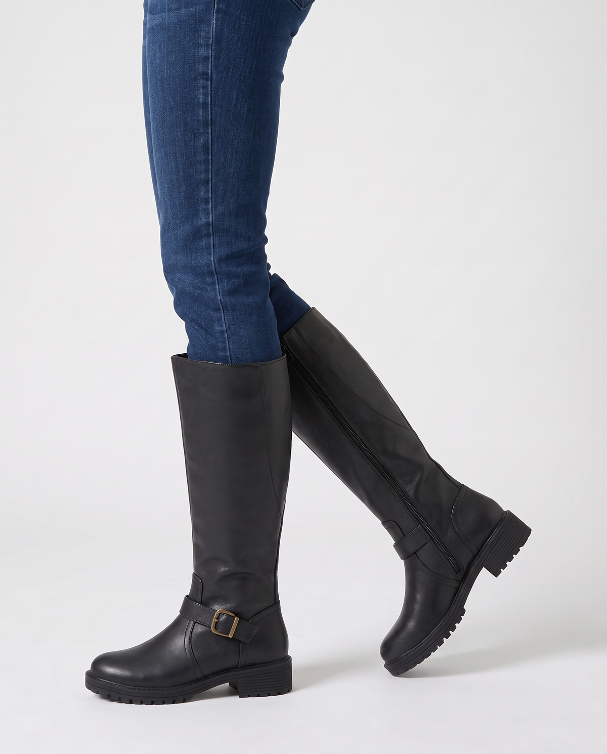 Kate Women's Winter Leather Riding Flat Knee High Boots in Black, side profile view