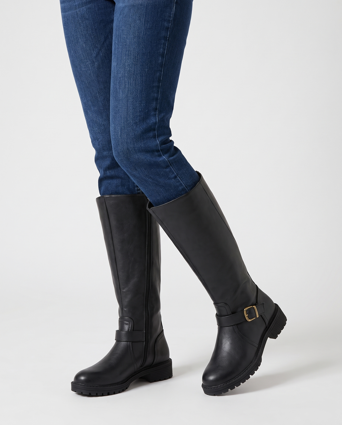 Kate Women's Winter Leather Riding Flat Knee High Boots in Black