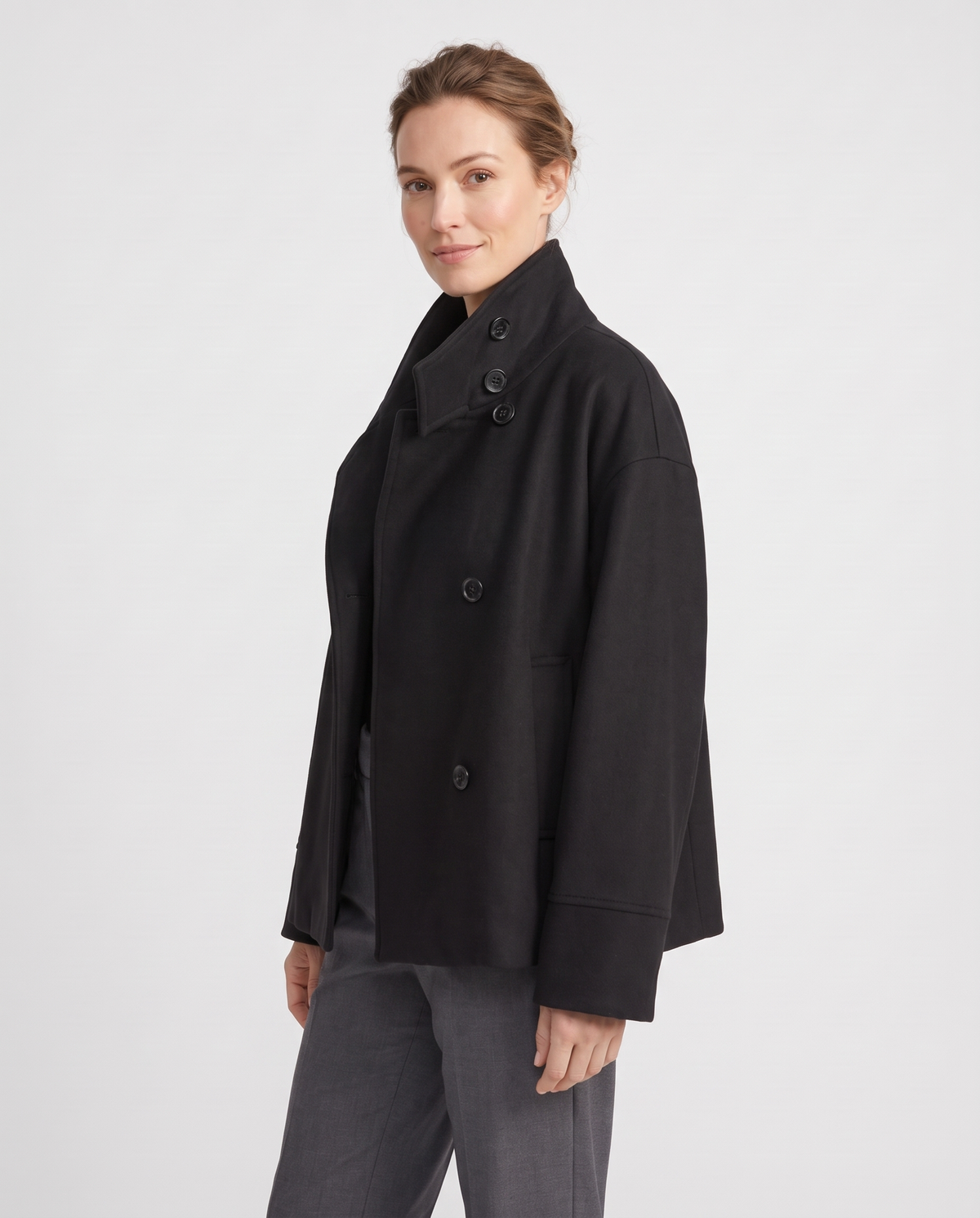 Laura Women's Wool Oversized Peacoat - Black - three quarter view