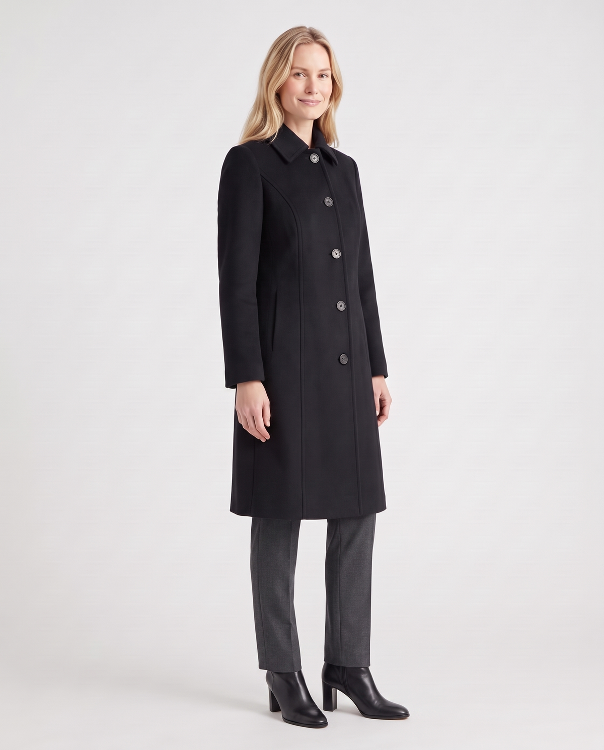 Leila Women's Wool Winter Coat - Shiny Black - three quarter view
