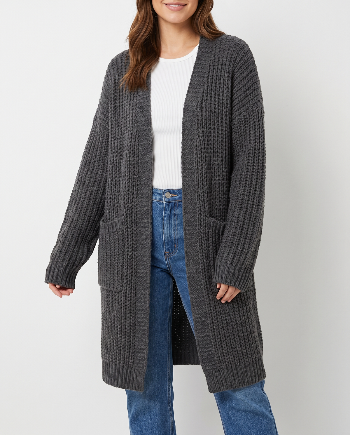 Lettie Women's Long Chunky Knit Cardigan in Charcoal