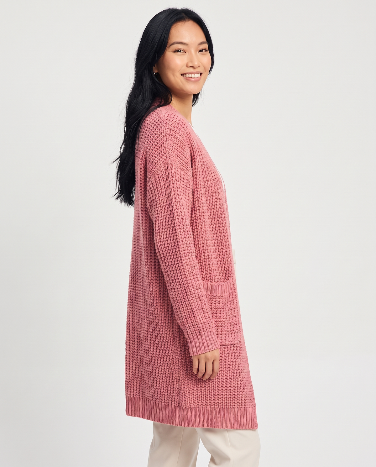 Lettie Women's Long Chunky Knit Cardigan in Dusty Pink, three quarter view
