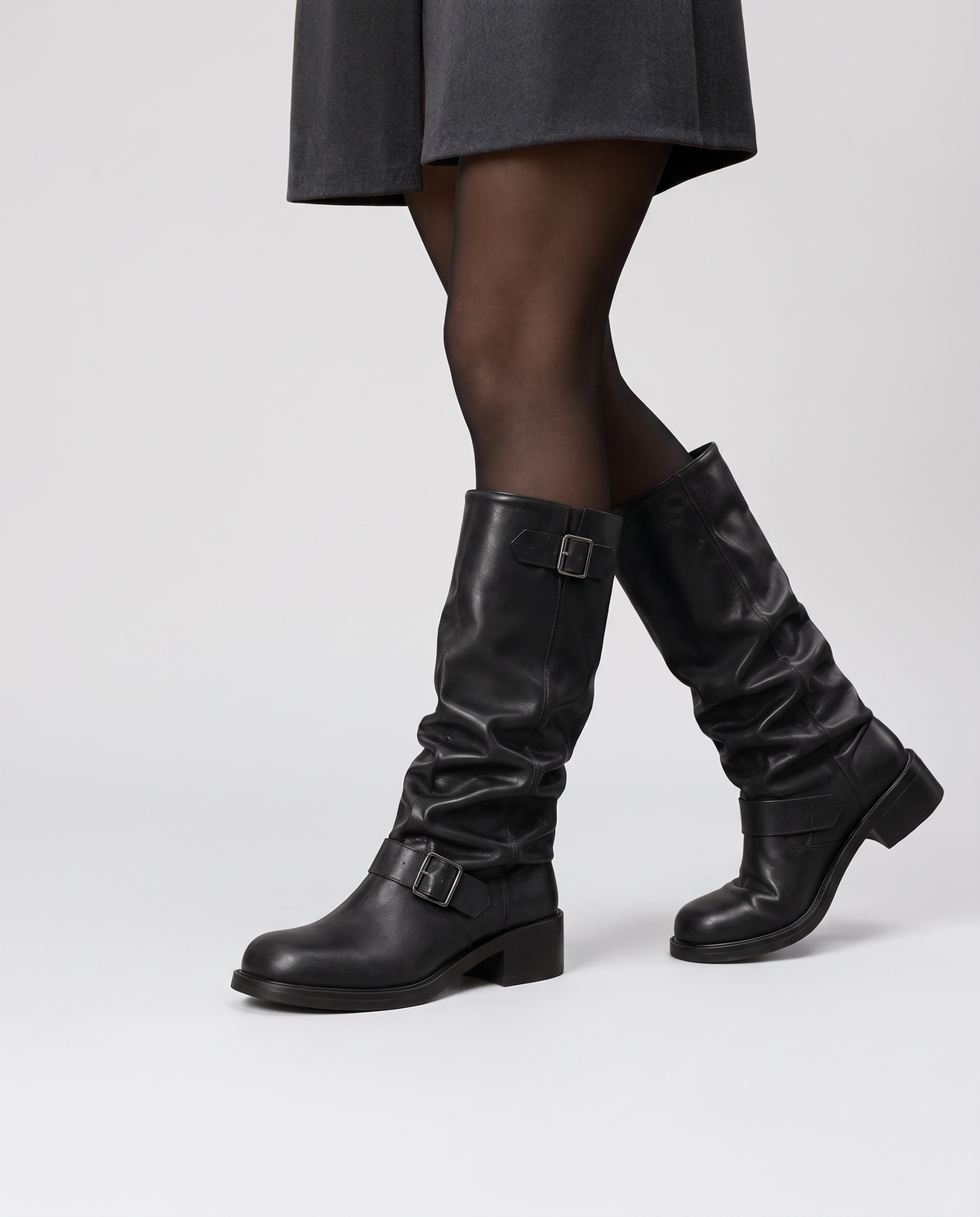 Lois Women's Biker Flat Knee High Boots in Black