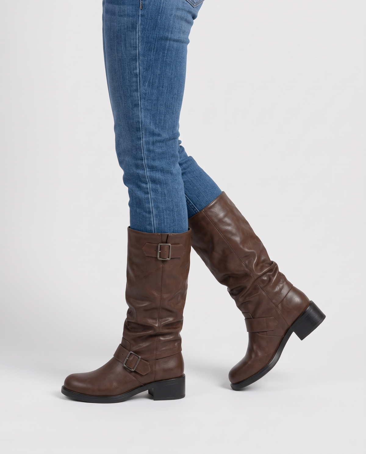 Lois Women's Biker Flat Knee High Boots in Brown, side profile view