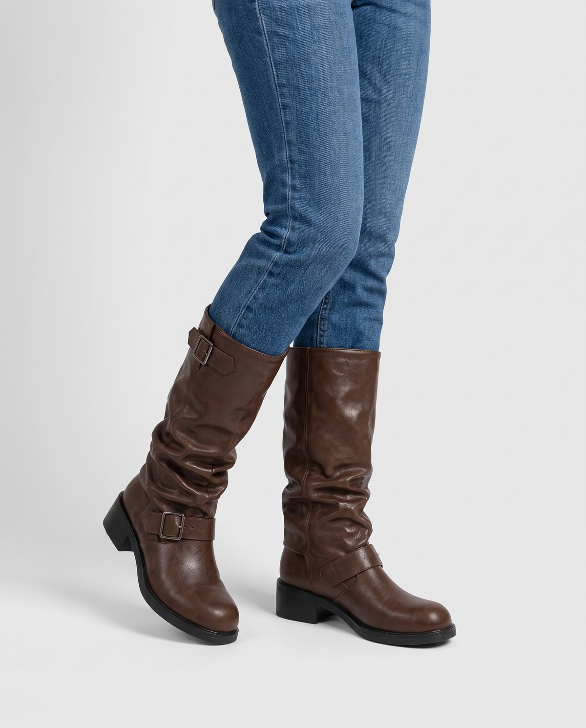 Lois Women's Biker Flat Knee High Boots in Brown