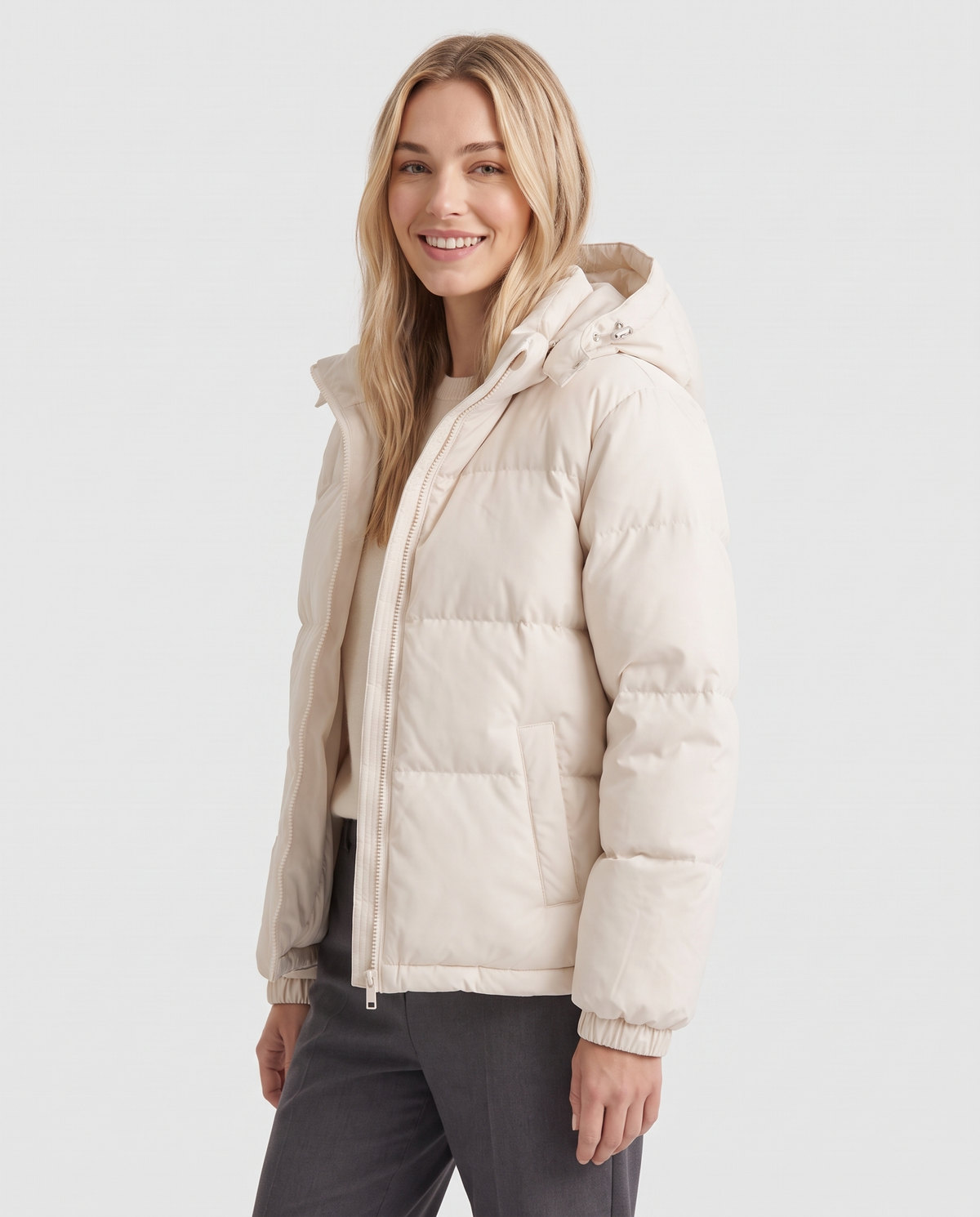Lucy Women's Quilted Puffer Jacket - Beige - three quarter view