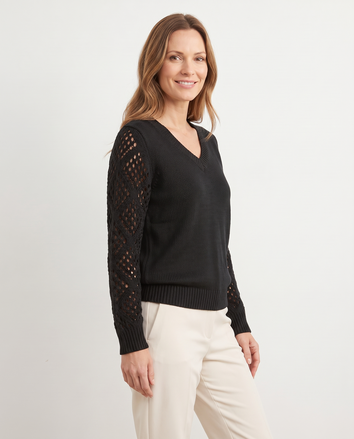 Lydia Women's Knitted Jumper in Black, three quarter view