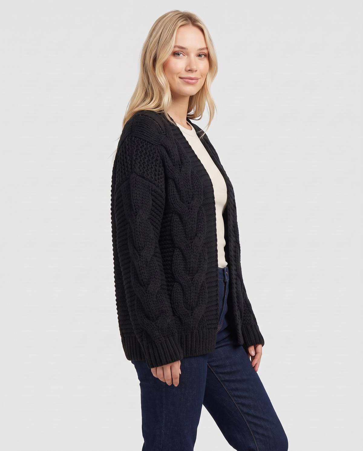 Mae Women's Chunky Knit Cardigan in Black, three quarter view