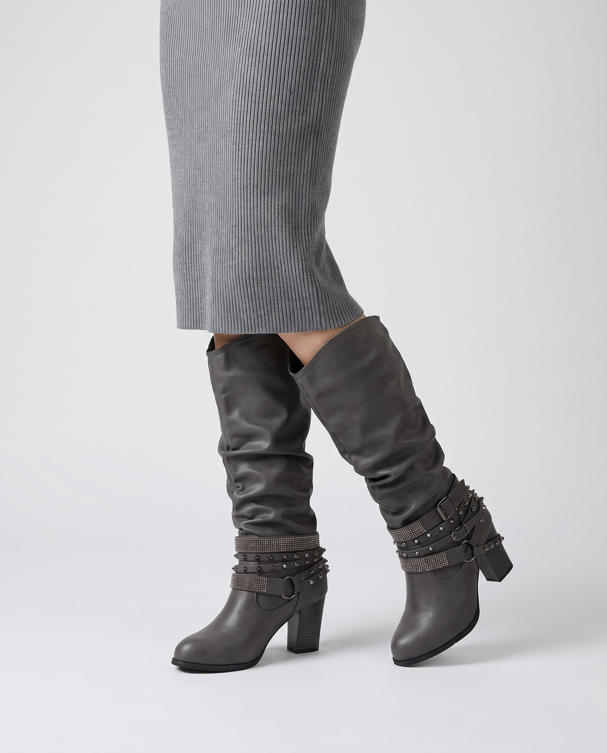 Marlowe Women's Leather Knee High Boots - Grey