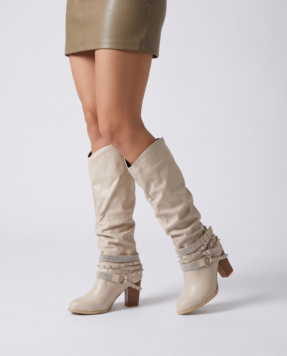 Marlowe Women's Leather Knee High Boots - Khaki