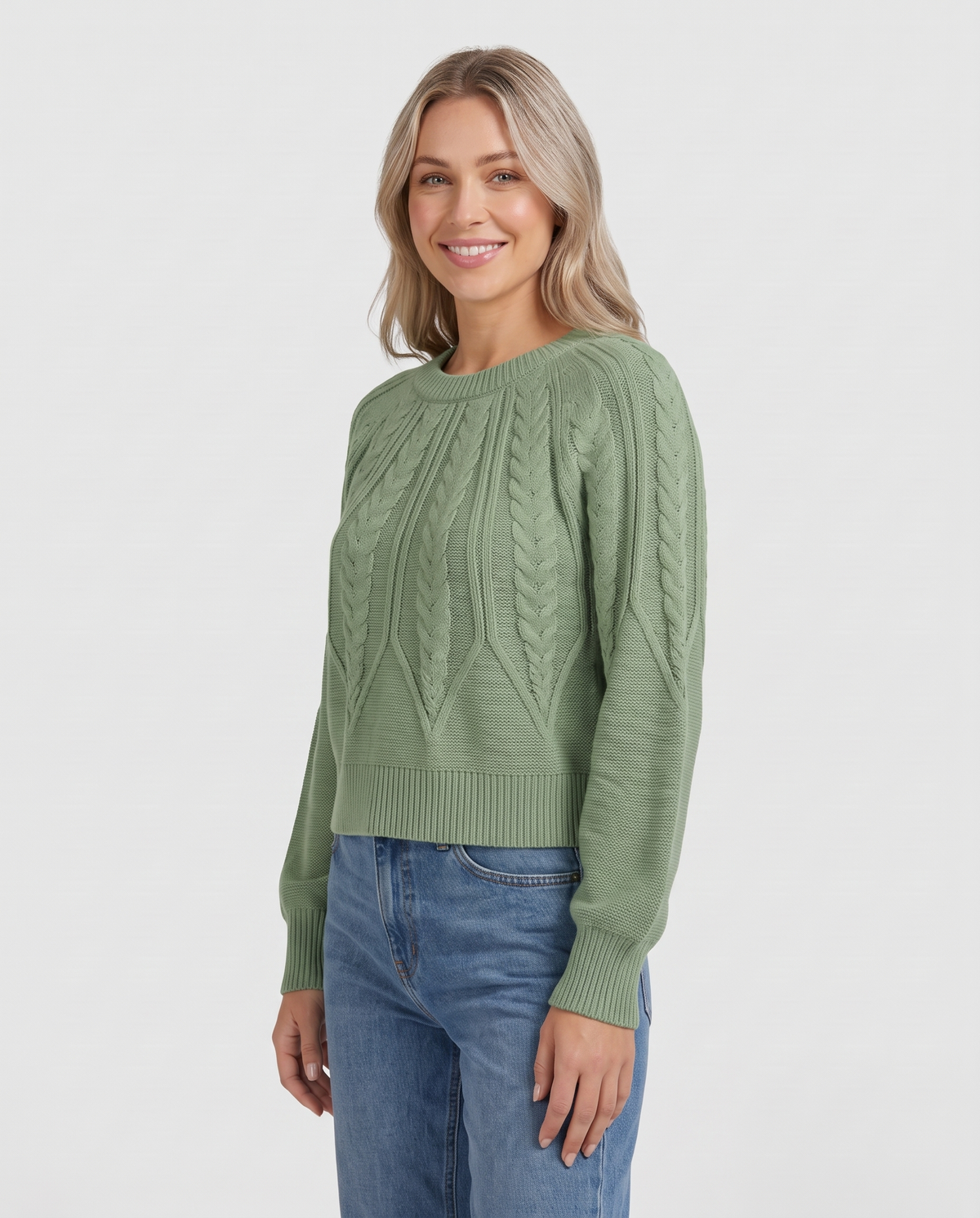 Marnie Women's Cable Knit Jumper - Matcha - three quarter view