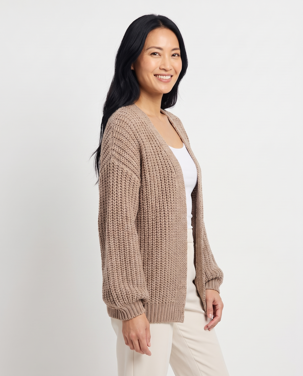 Martha Women's Chunky Knit Cardigan in Taupe, three quarter view
