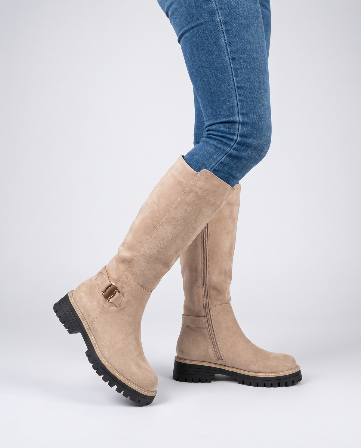 Megan Women's Winter Suede Flat Knee High Boots in Beige