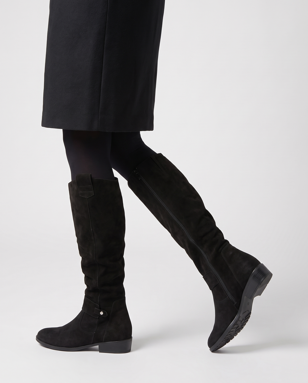 Molly Women's Suede Flat Knee High Boots in Black, side profile view