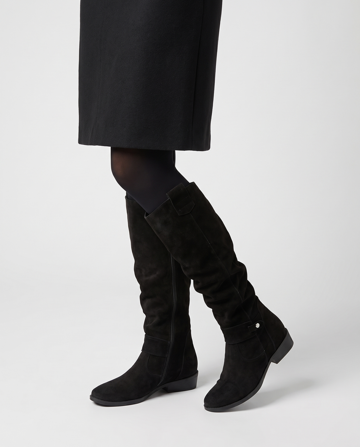 Molly Women's Suede Flat Knee High Boots in Black