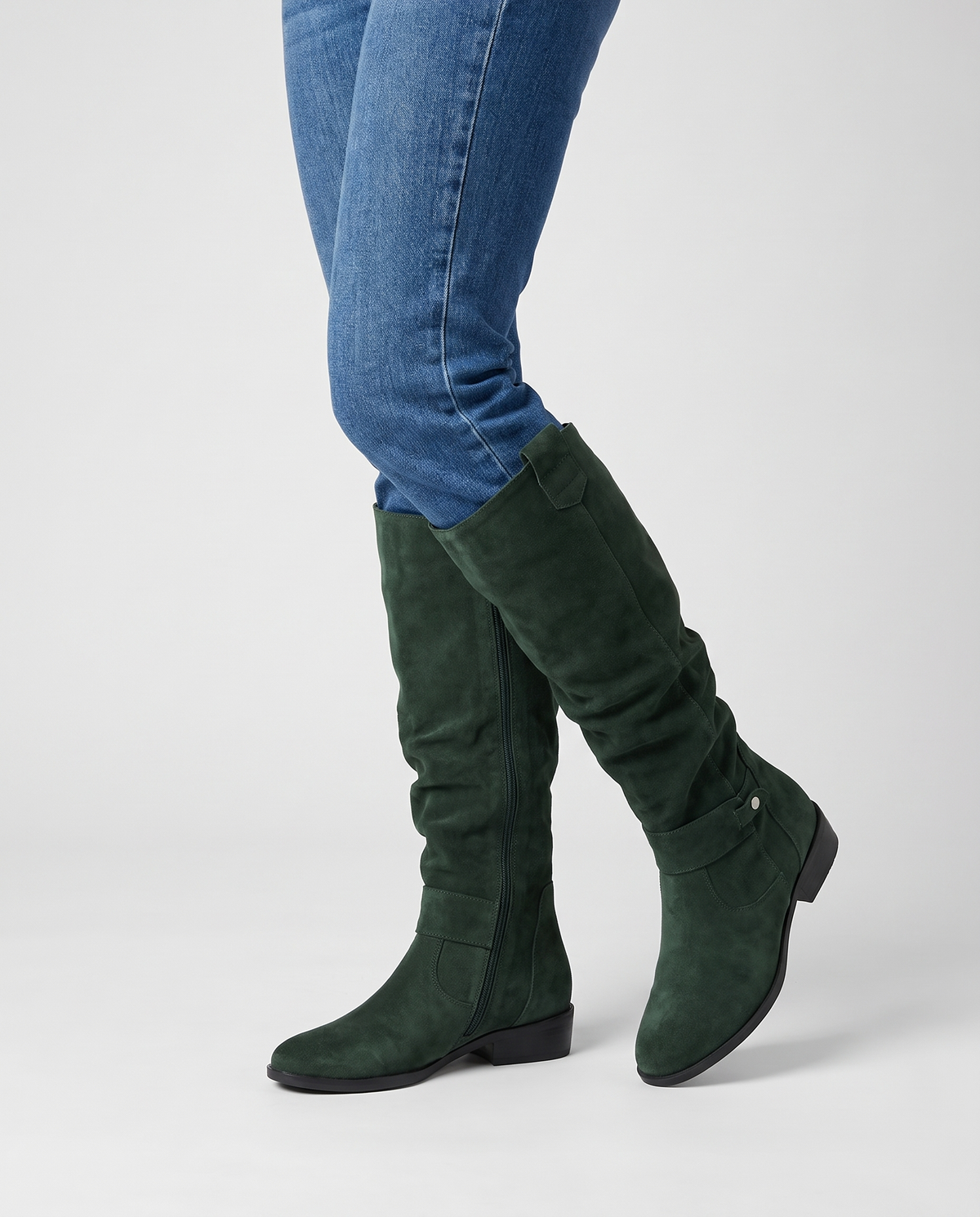 Molly Women's Suede Flat Knee High Boots in Dark Green
