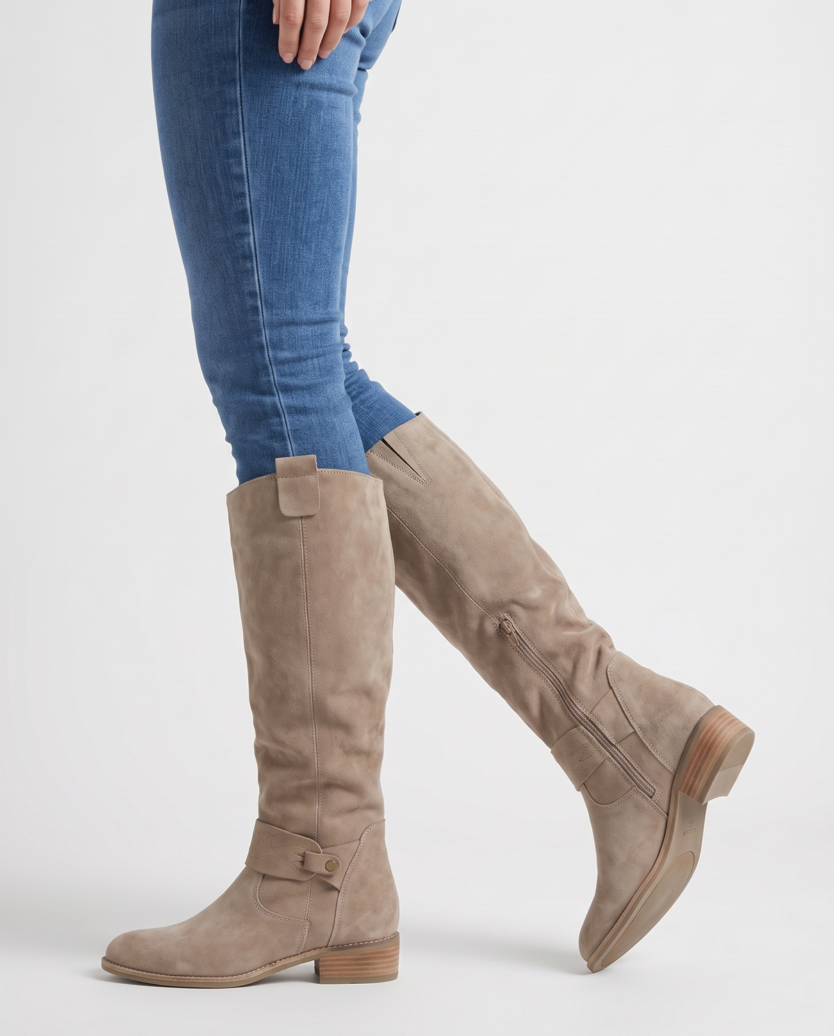 Nia Women's Suede Flat Knee High Boots in Beige, side profile view