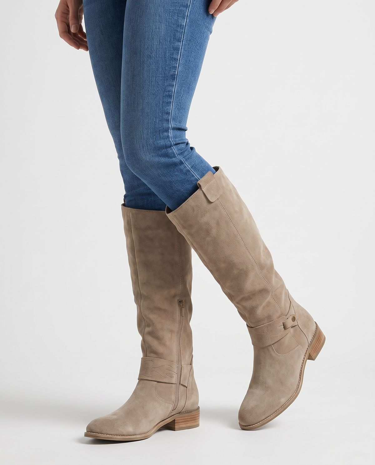 Nia Women's Suede Flat Knee High Boots in Beige