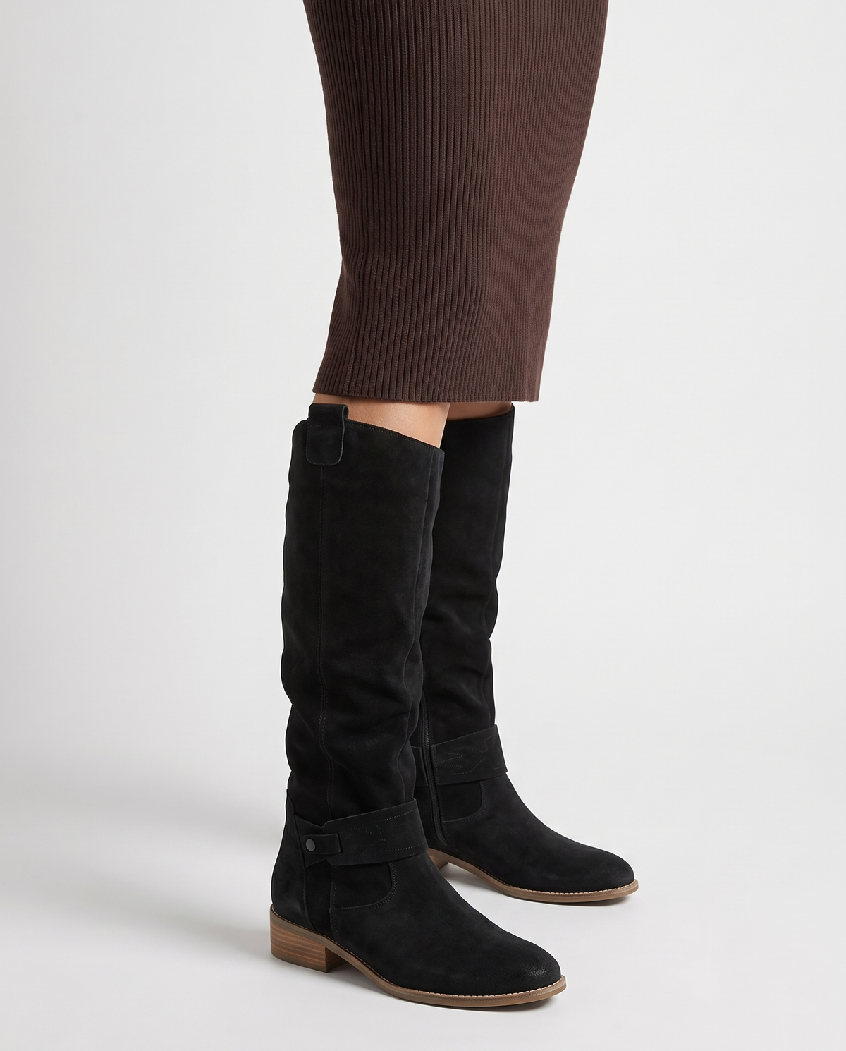 Nia Women's Suede Flat Knee High Boots in Black