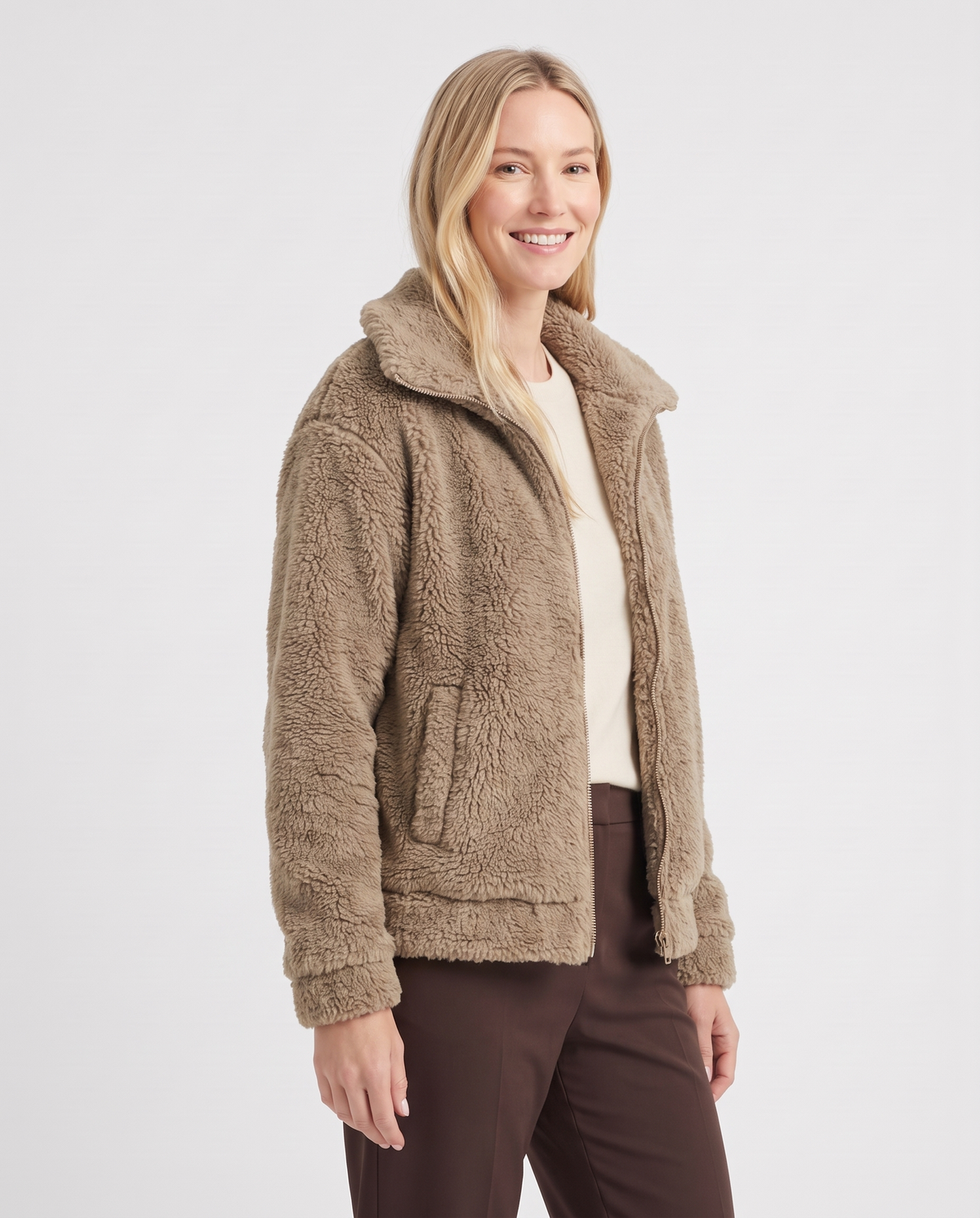 Nina Women's Teddy Fleece Jacket - Khaki - three quarter view
