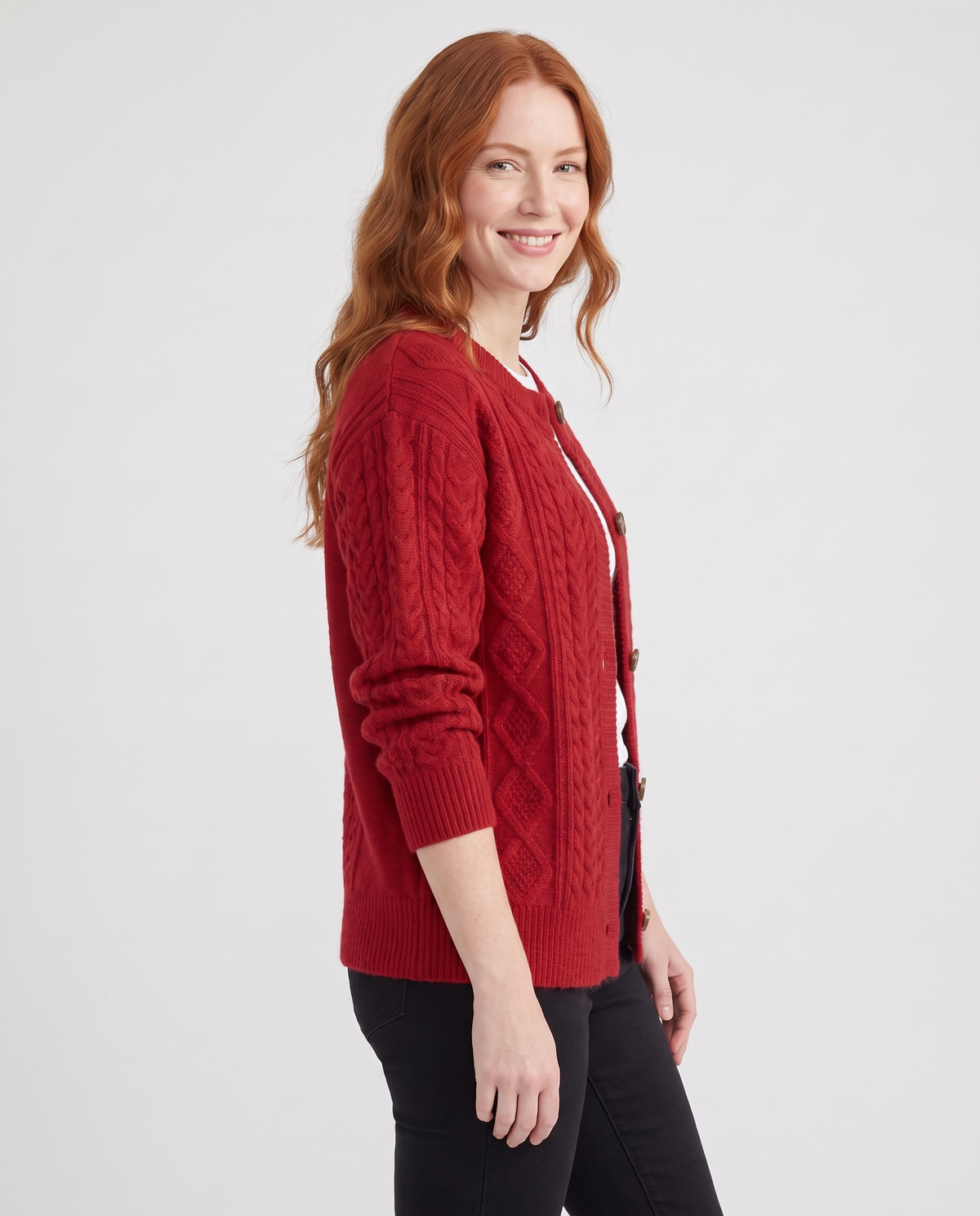 Nora Women's Chunky Cable Knit Cardigan - Red - three quarter view