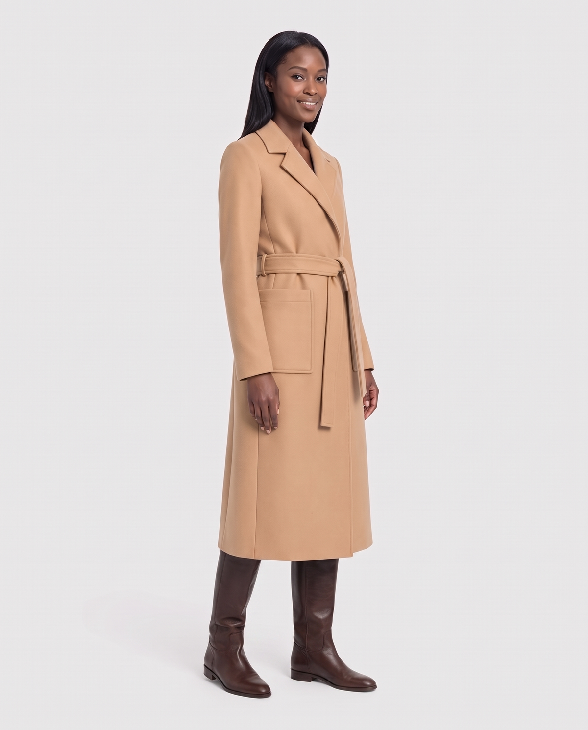 Olivia Women's Long Belted Trench Coat - Camel - three quarter view