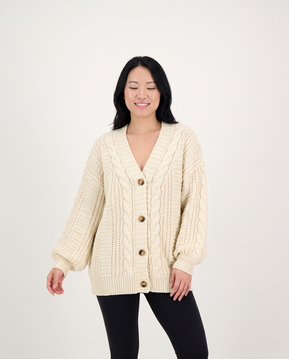 Oversized Chunky Cable Knit Cardigan with Balloon Sleeves in Cream