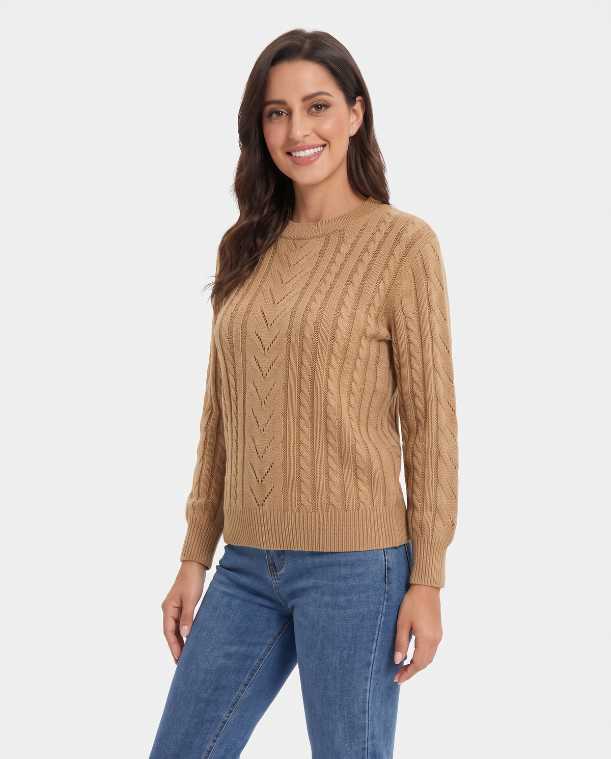Penny Women's Cable Knit Jumper in Khaki, three quarter view