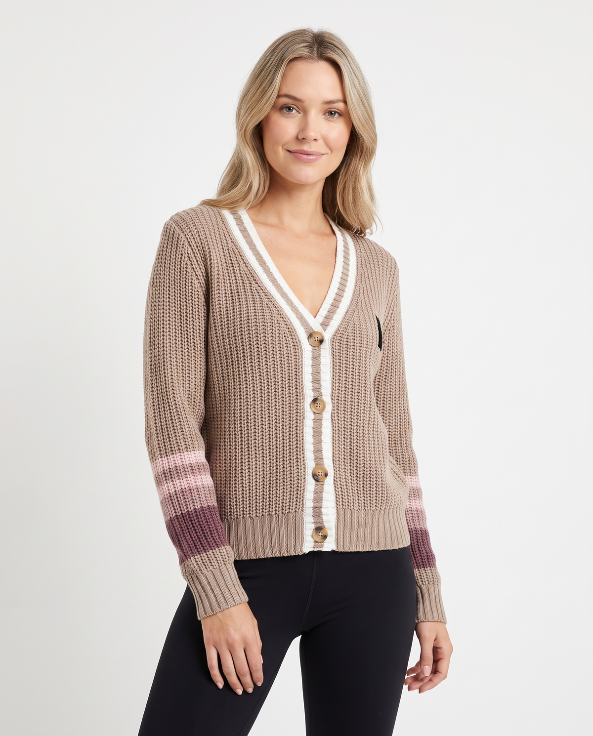 Retro Chunky Knit Cardigan with Contrast Stripe Cuffs in Beige