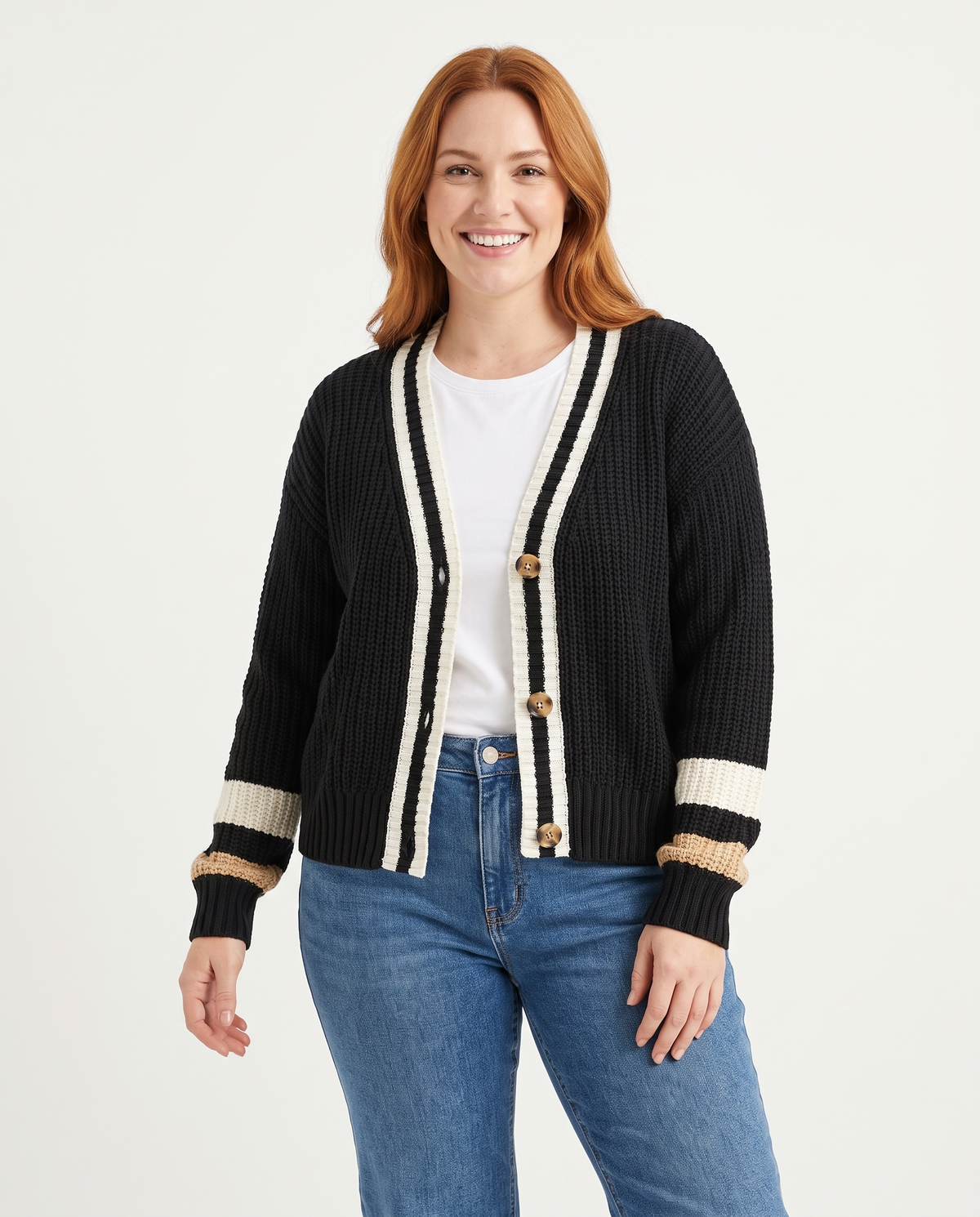 Retro Chunky Knit Cardigan with Contrast Stripe Cuffs in Black