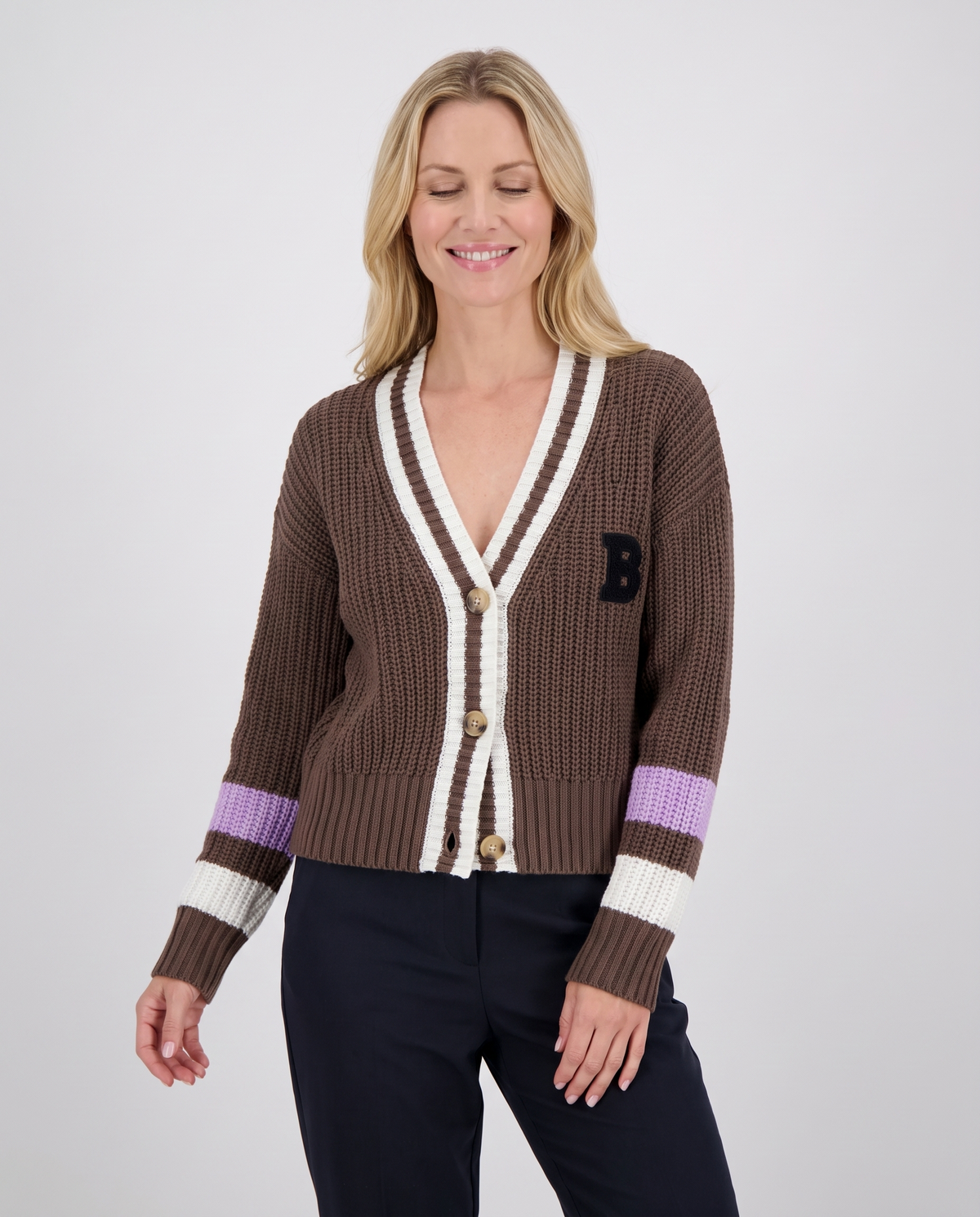 Retro Chunky Knit Cardigan with Contrast Stripe Cuffs in Brown