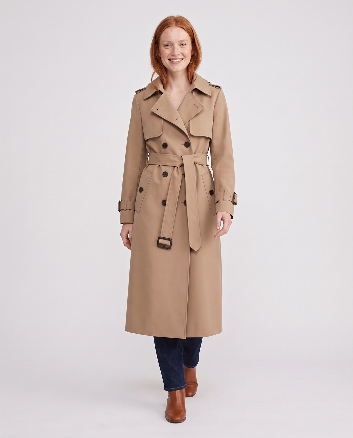 Sarah Women's Long Belted Trench Coat - Beige