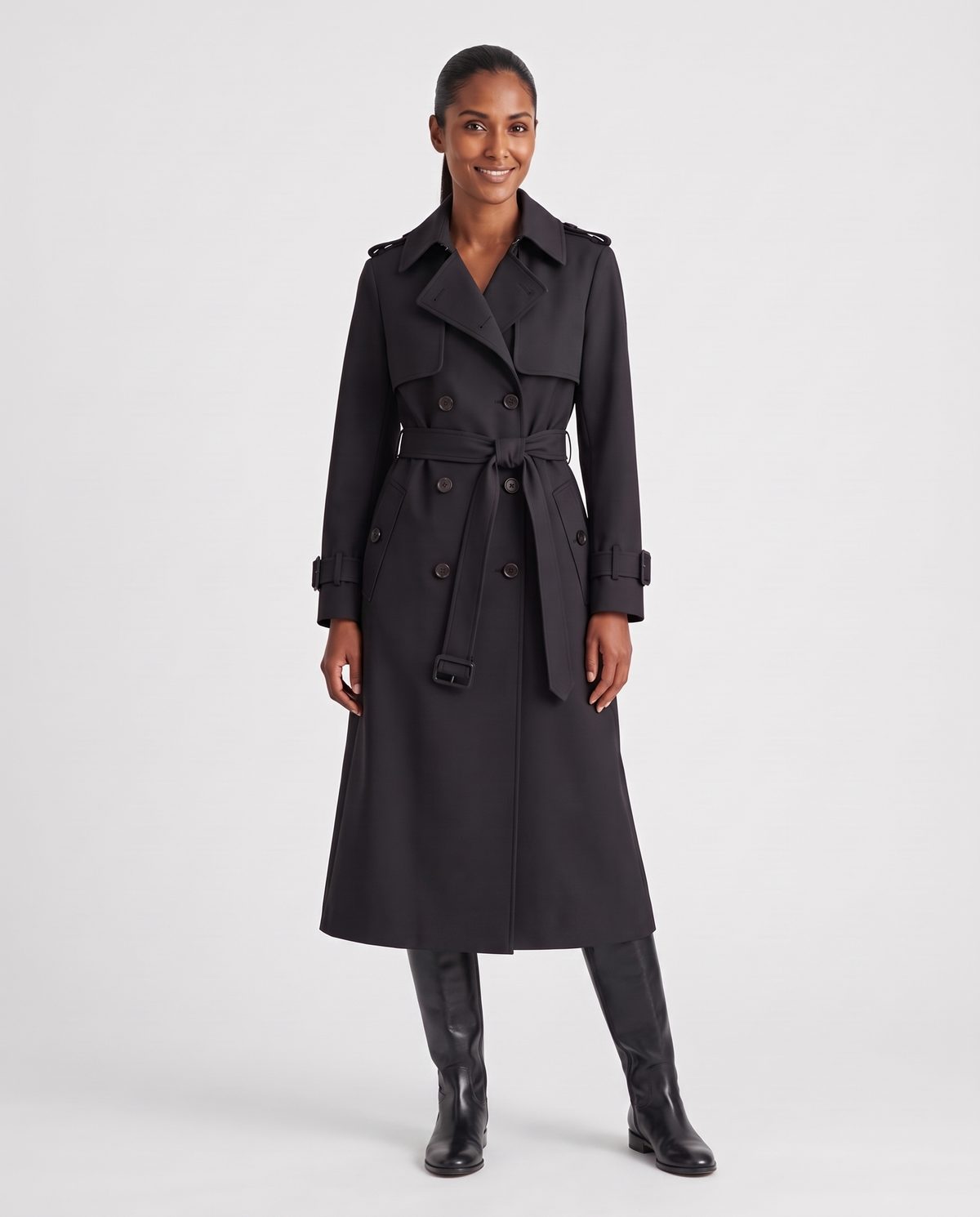 Sarah Women's Long Belted Trench Coat - Black