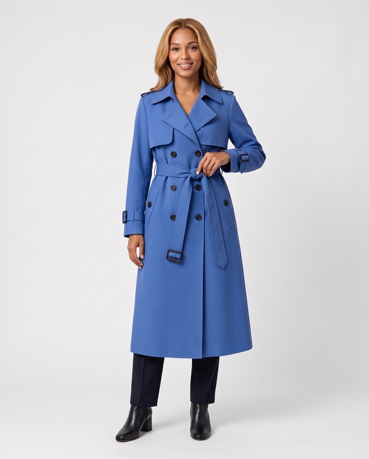 Sarah Women's Long Belted Trench Coat - Blue