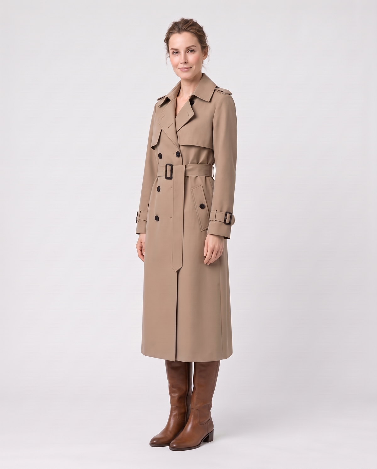 Sarah Women's Long Belted Trench Coat - Khaki - three quarter view