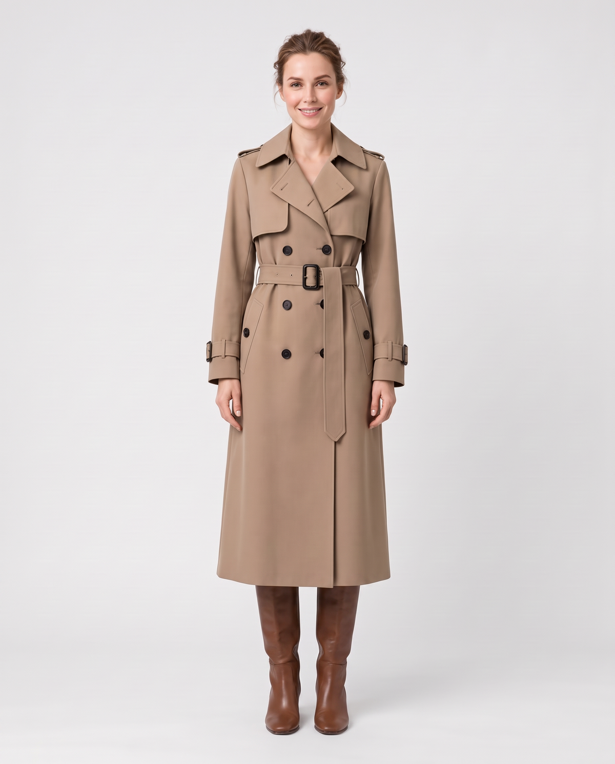 Sarah Women's Long Belted Trench Coat - Khaki