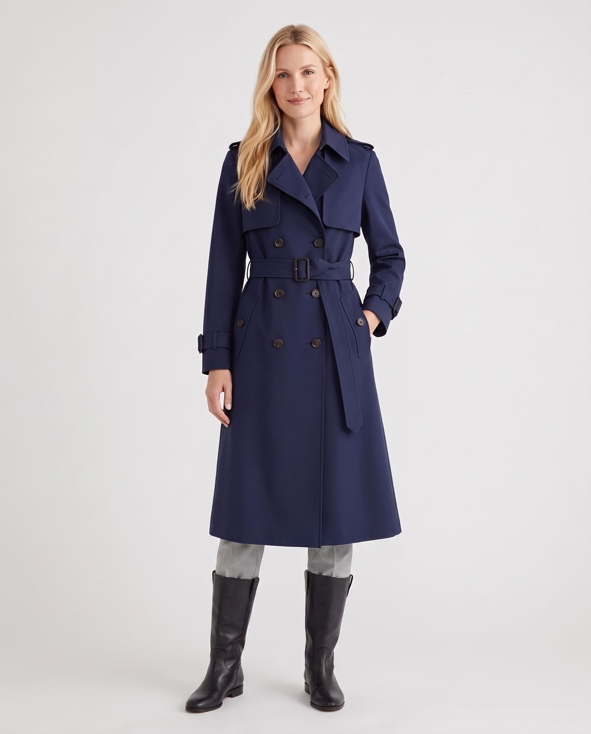 Sarah Women's Long Belted Trench Coat - Navy