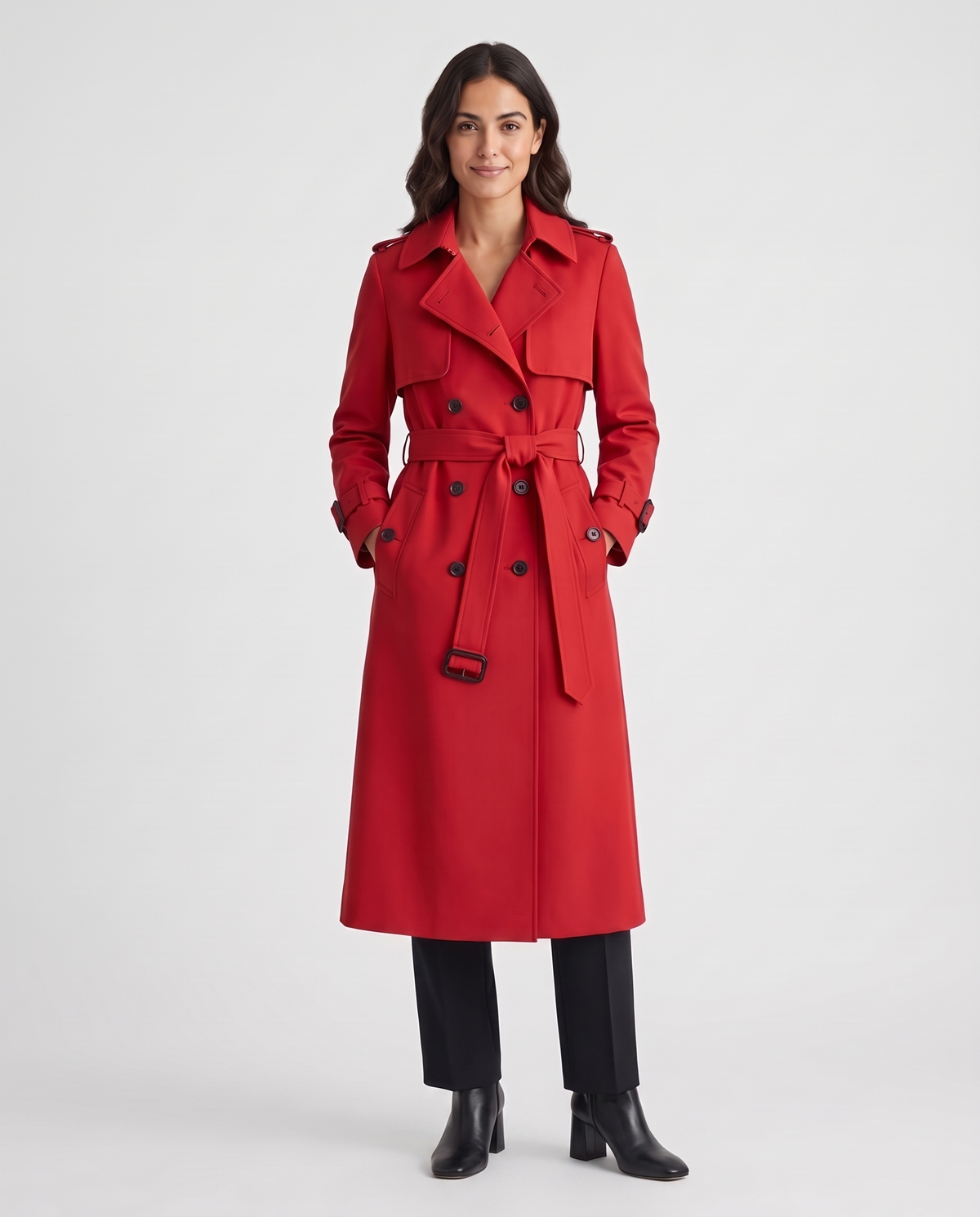 Sarah Women's Long Belted Trench Coat - Red