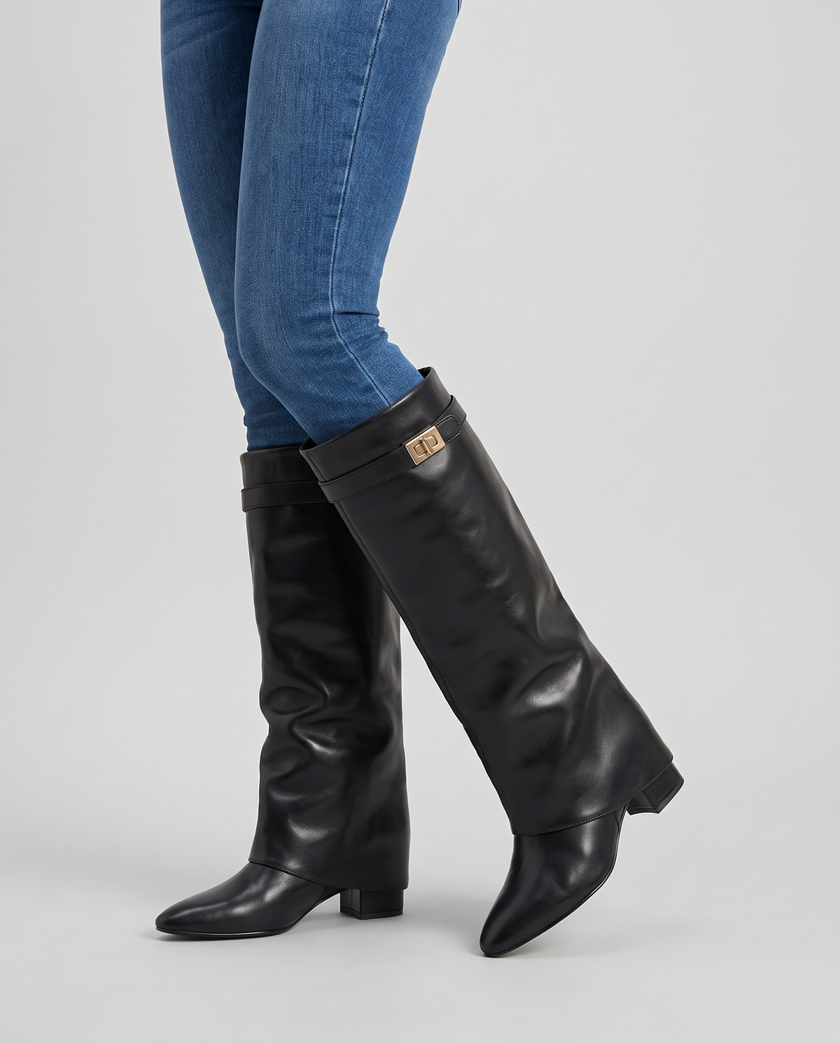 Sian Women's Suede Flat Knee High Boots in Black Leather