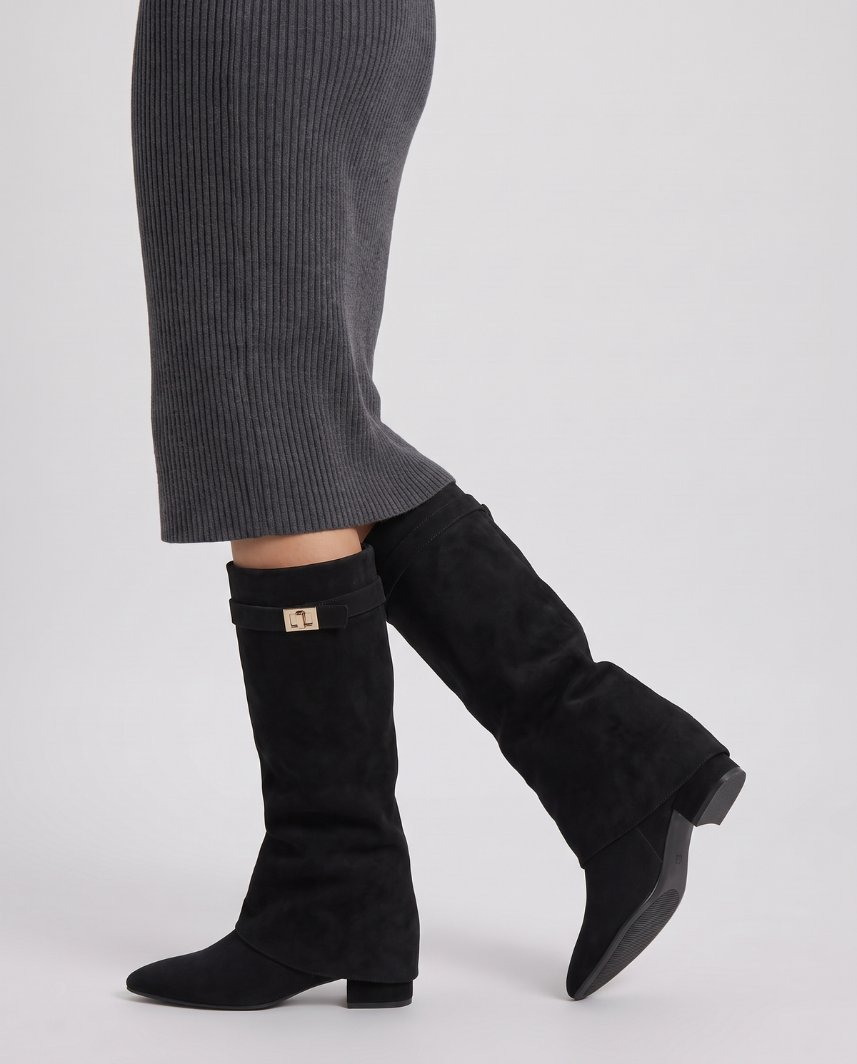 Sian Women's Suede Flat Knee High Boots in Black Suede, side profile view