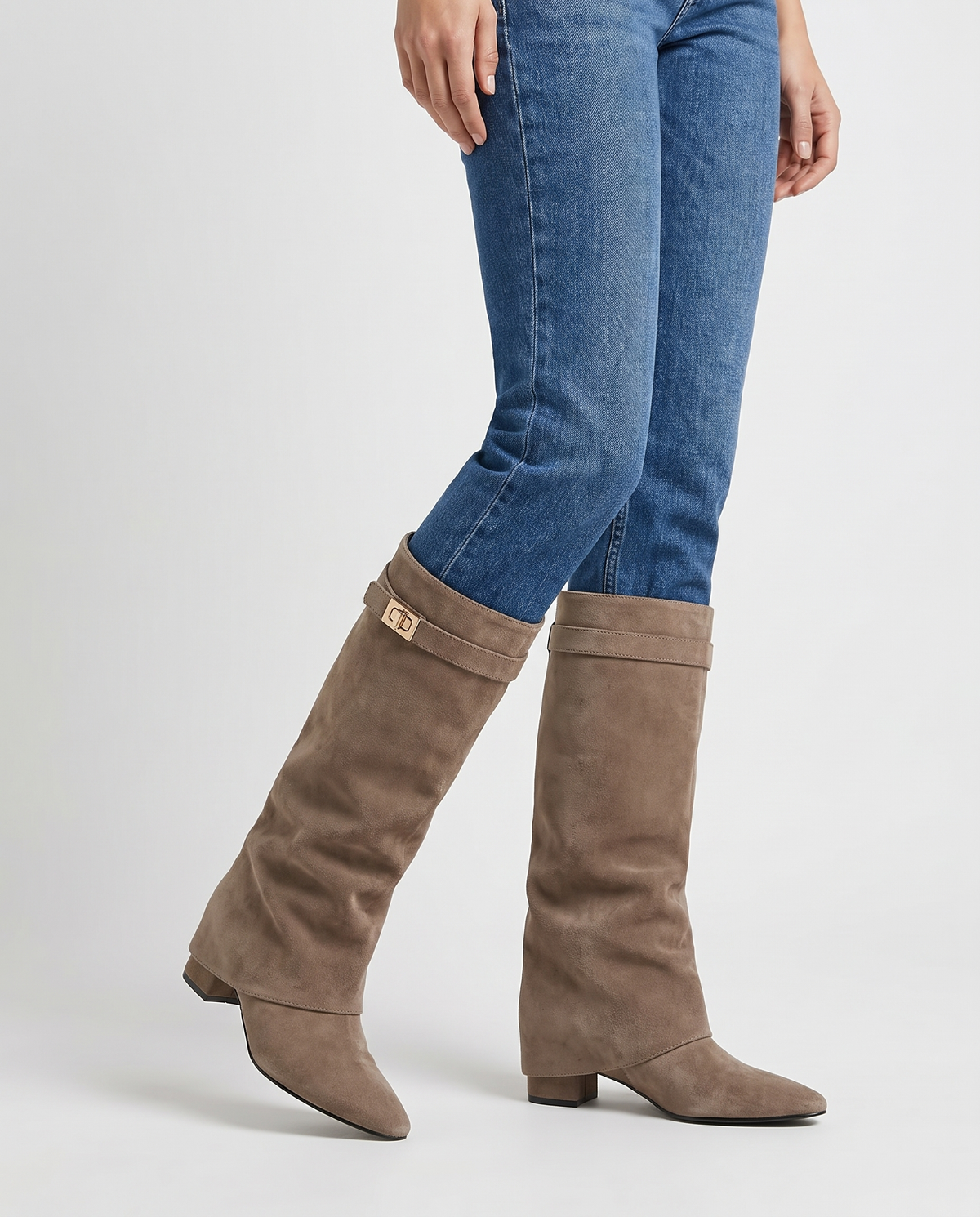 Sian Women's Suede Flat Knee High Boots in Taupe Suede