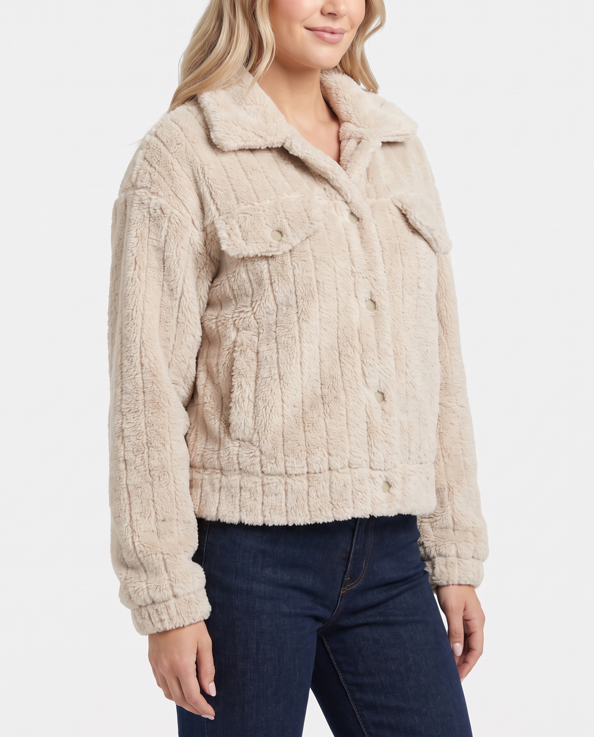 Thea Women's Teddy Fleece Jacket - Beige - three quarter view